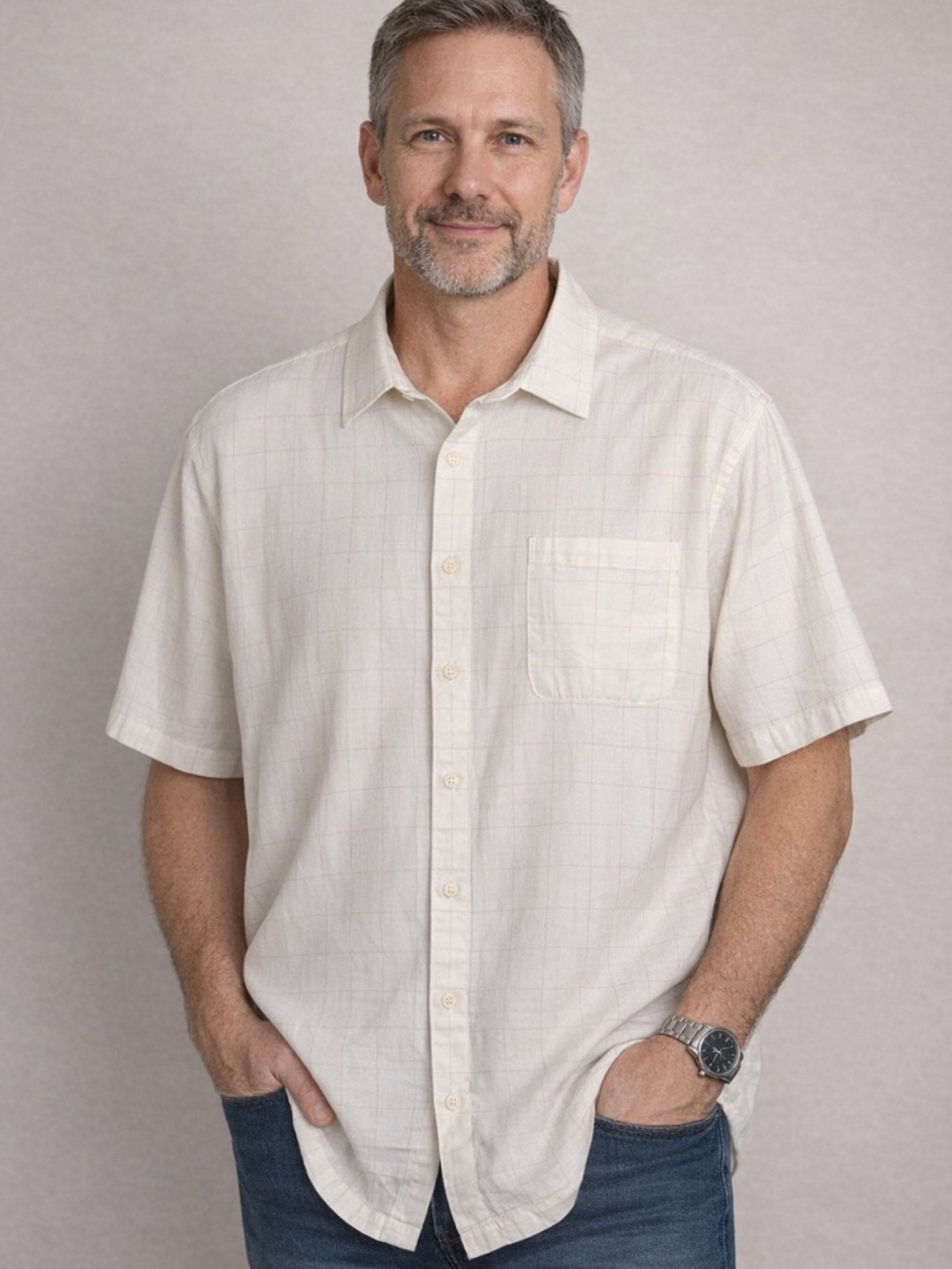 Arrow 2XLT Men’s Button Down Shirt Cream Gray Check Short Sleeve Big Tall